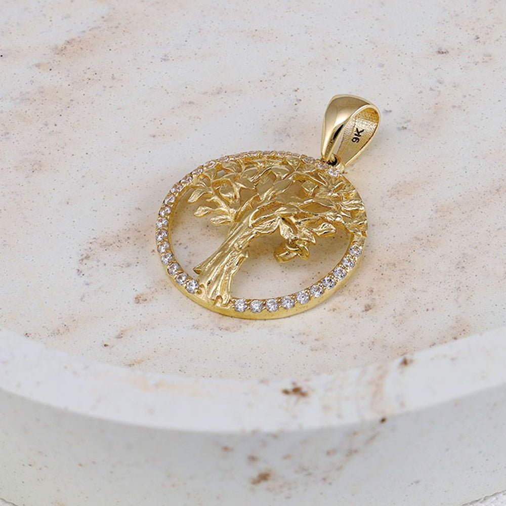 9ct yellow gold cubic zirconia Tree Of Life Pendants PD60-9-15-13 - FJewellery