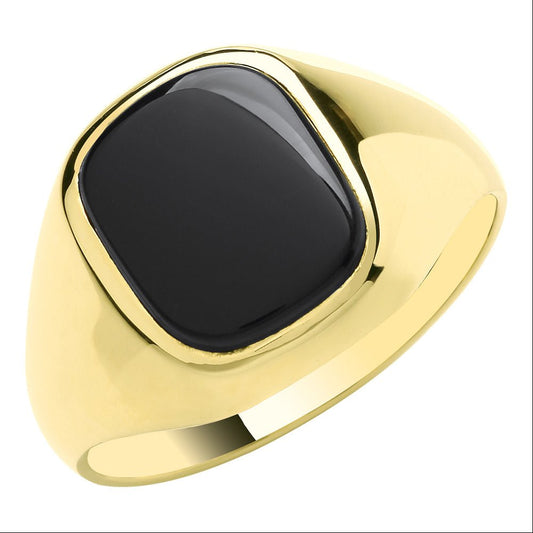 9ct Yellow Gold Cushion Black Onyx Signet Ring - Size T - FJewellery