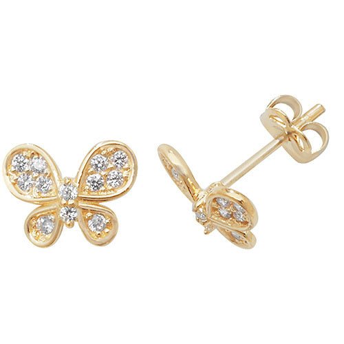 9ct Yellow Gold Cz Butterfly Stud Earrings - FJewellery