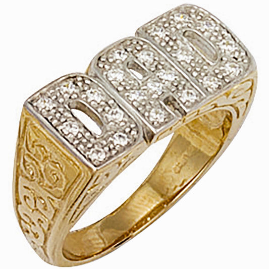 9ct Yellow Gold CZ Patterned Sides Dad Ring - FJewellery
