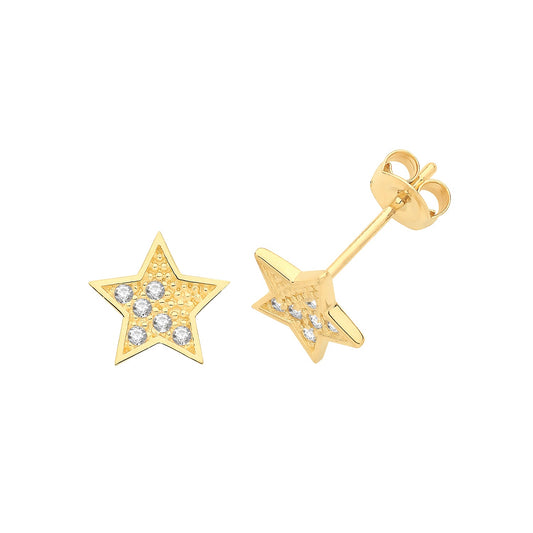9ct Yellow Gold Cz Star Stud Earrings - FJewellery