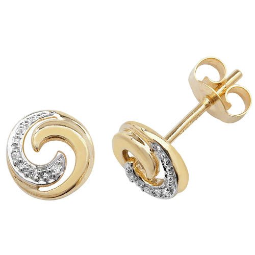 9ct Yellow Gold Diamond Swirl Stud Earrings - FJewellery