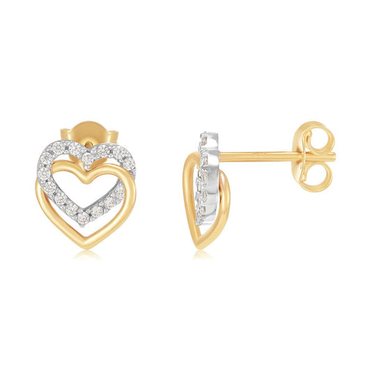 9ct Yellow Gold Double Hearts, Plain & Cz's Stud Earrings - FJewellery