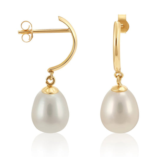 9ct Yellow Gold Freshwater Pearl Drop Studs - FJewellery