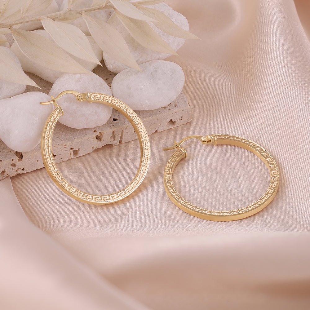 9ct Yellow Gold Greek Key Hoop Earrings ERV0222M - FJewellery