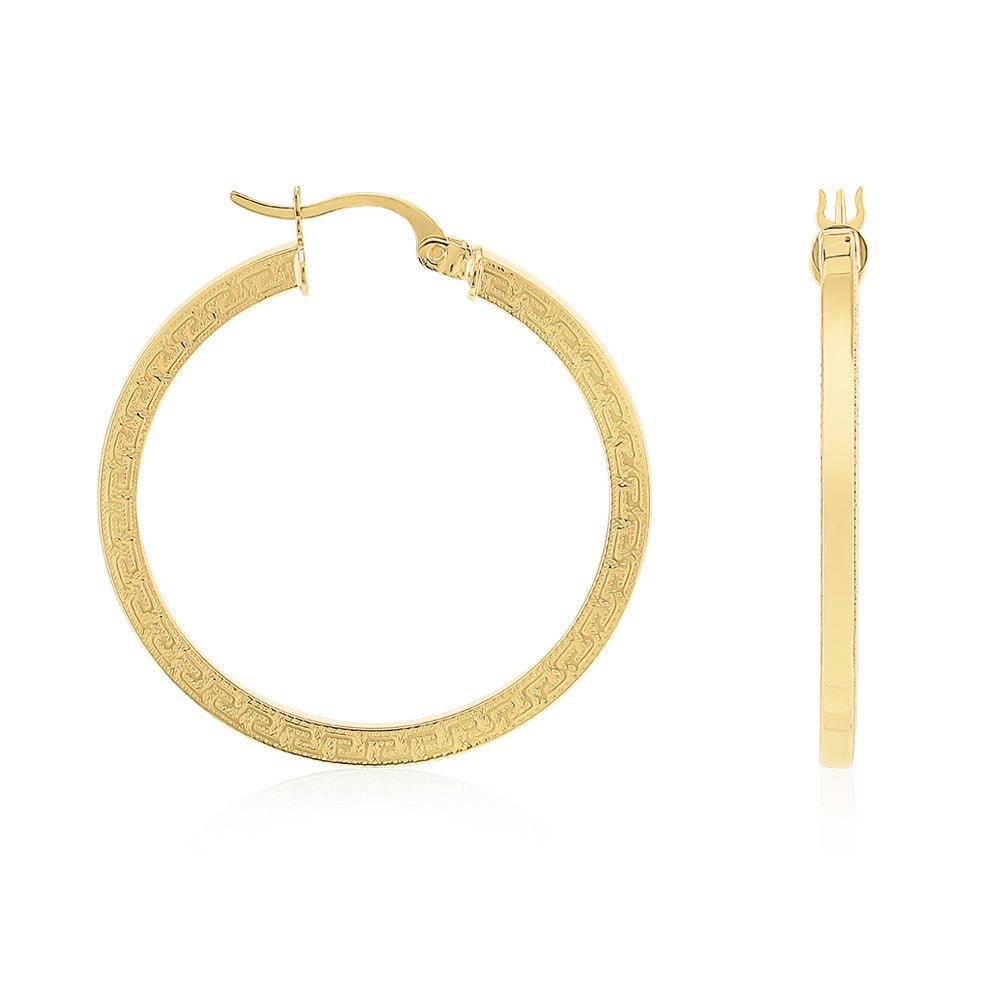 9ct Yellow Gold Greek Key Hoop Earrings ERV0222M - FJewellery