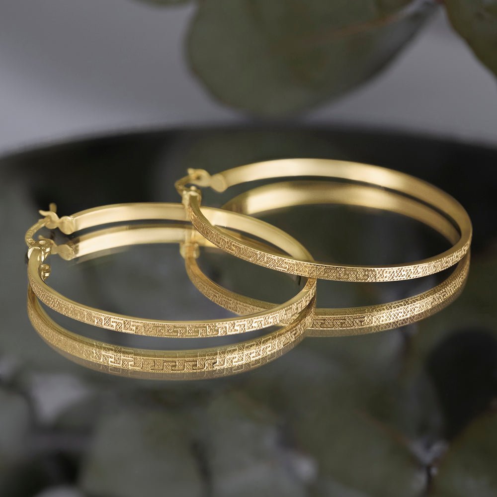 9ct Yellow Gold Greek Key Hoop Earrings ERV0241L - FJewellery