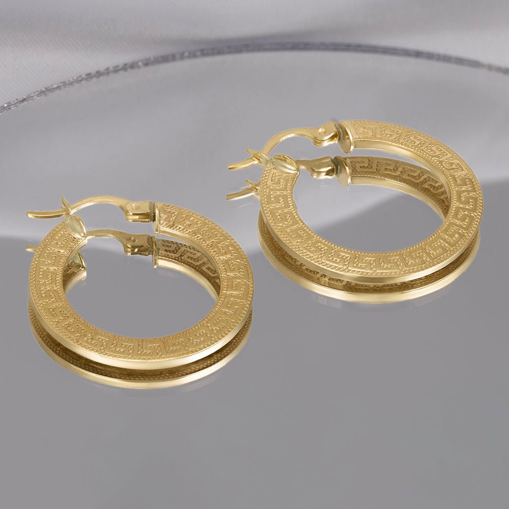 9ct Yellow Gold Greek Key Hoop Earrings ERV0281 - FJewellery