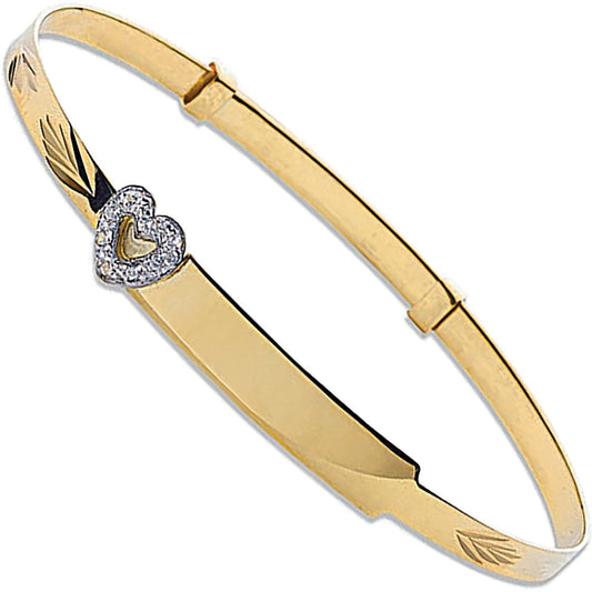 9ct Yellow Gold Heart and ID Plate Expandable Bangle - FJewellery