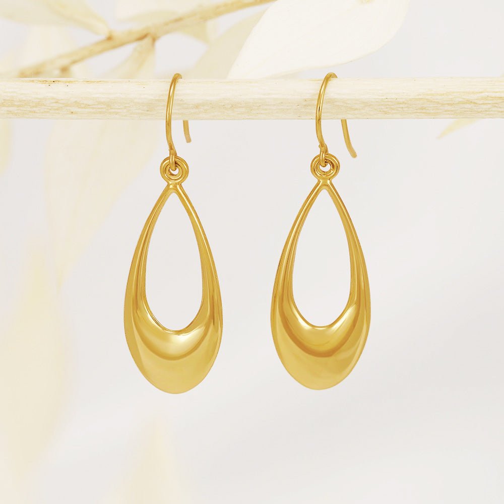 9ct Yellow Gold Hollow Open Drop Earrings - FJewellery