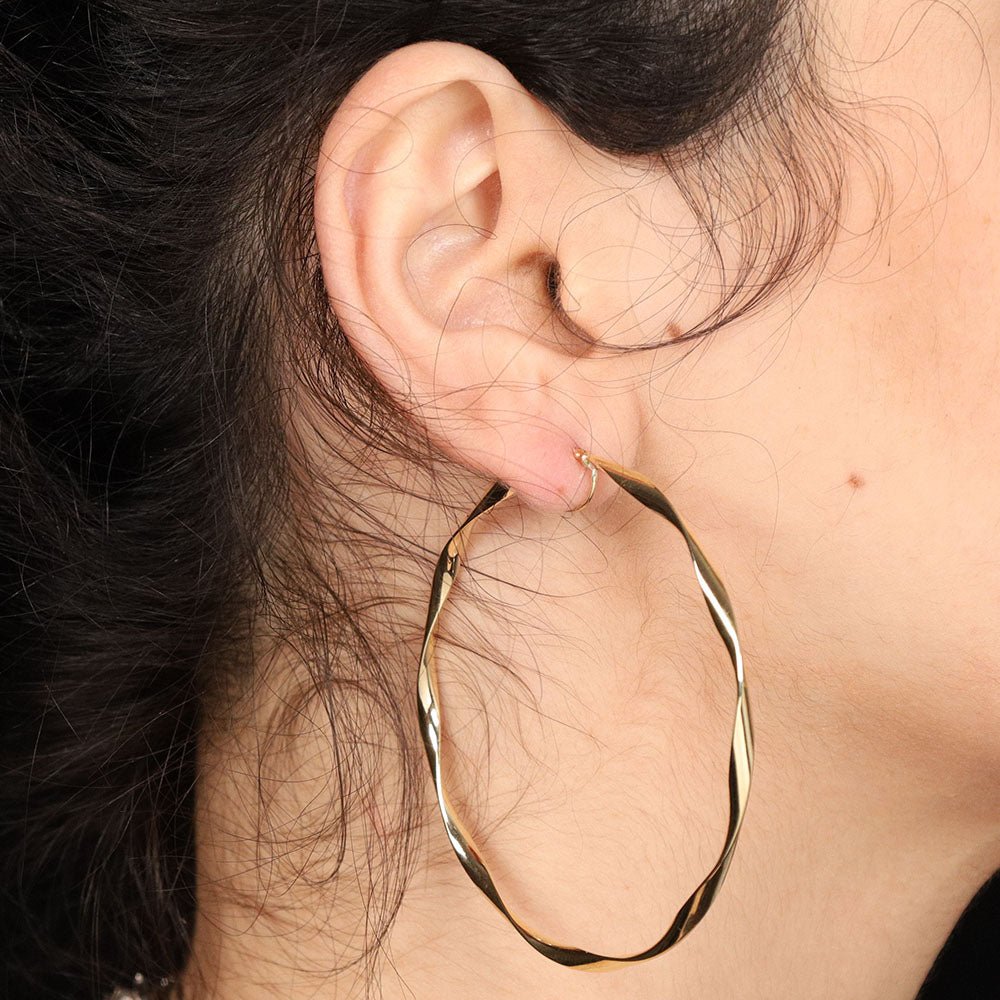 9ct Yellow Gold Hollow Twist Hoop Earrings 65mm - FJewellery