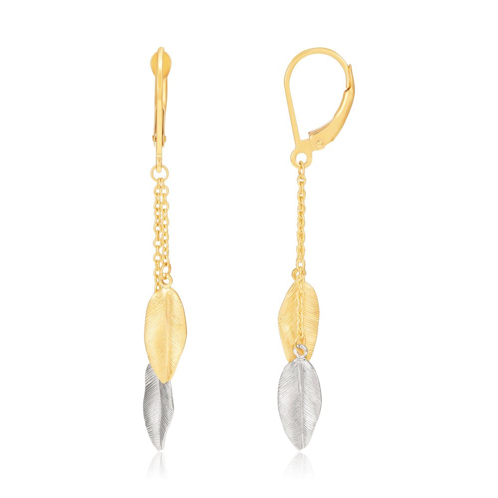 9ct Yellow & White Gold Leaf Drop Earrings - FJewellery