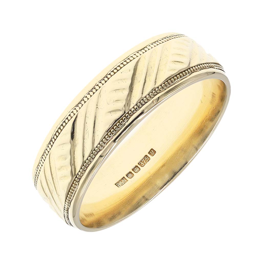 Pre-owned 9ct Yellow Gold Patterned Band Ring - 7g - Size v